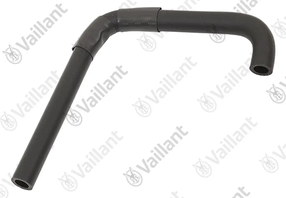 Vaillant Schlauch in gebogener Form mit zwei offenen Enden. Der Schlauch hat eine schwarze Oberfläche und wird in Heizungsanlagen eingesetzt.